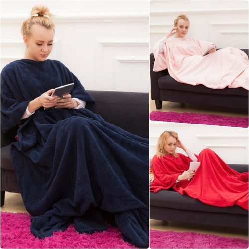 Winter Hooded Pocket Blankets Warm Soft Hoodie Slant Robe Bathrobe Pullover TV Flannel Fleece Blanket Sweatshirt With Sleeves