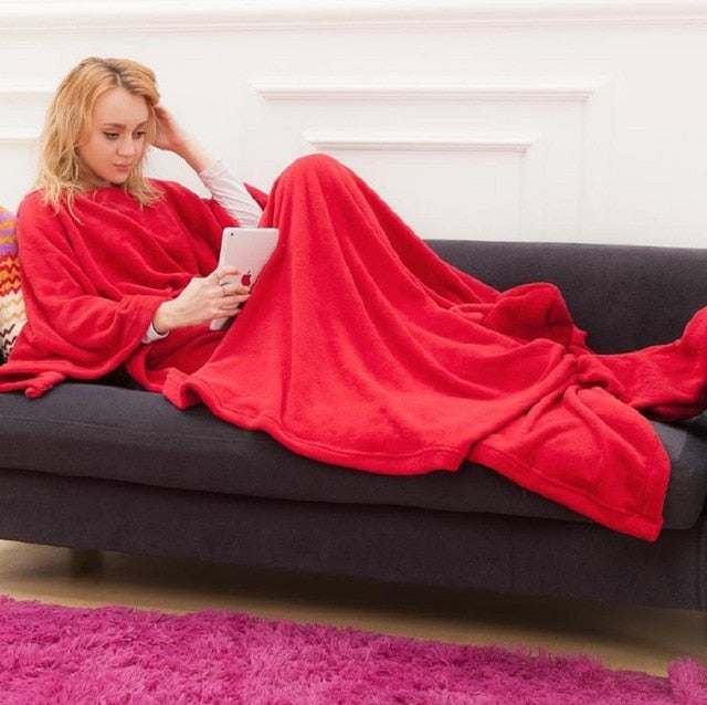 Winter Hooded Pocket Blankets Warm Soft Hoodie Slant Robe Bathrobe Pullover TV Flannel Fleece Blanket Sweatshirt With Sleeves